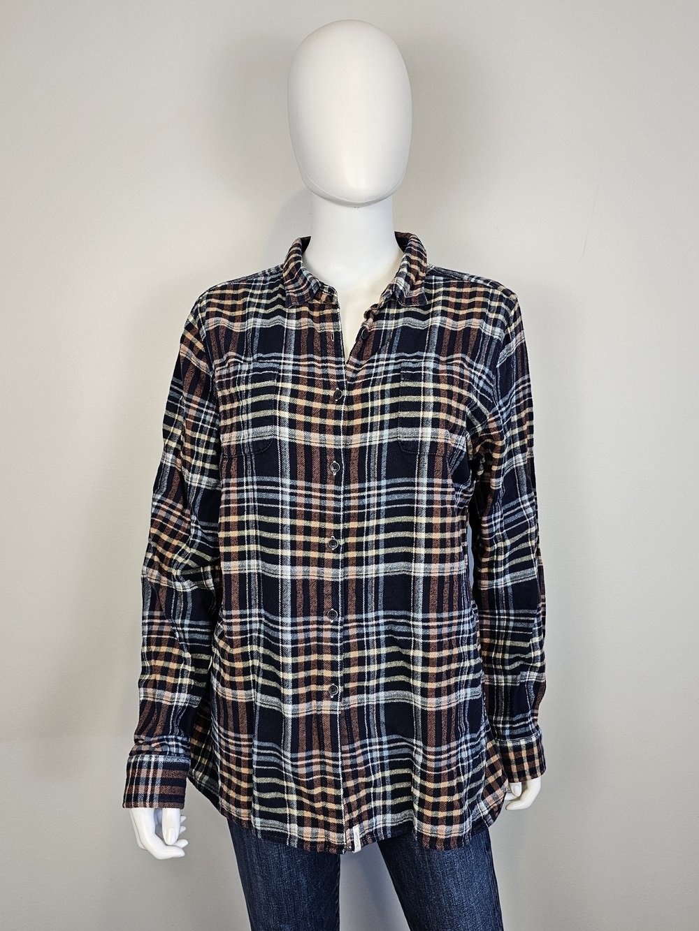 Woolrich Pemberton Navy Blue Brown Collared Button Up Sz XL